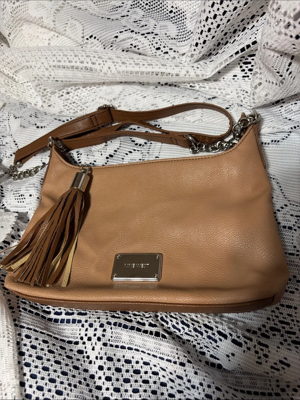 Nine West Tan Faux Leather Tassel Shoulder Bag with Chain Accent